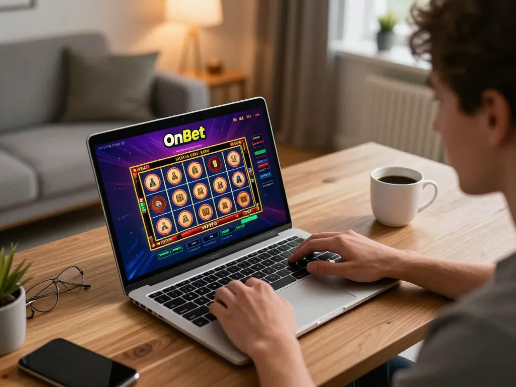 OnBet player enjoying an online casino game experience on a laptop in a cozy home setup