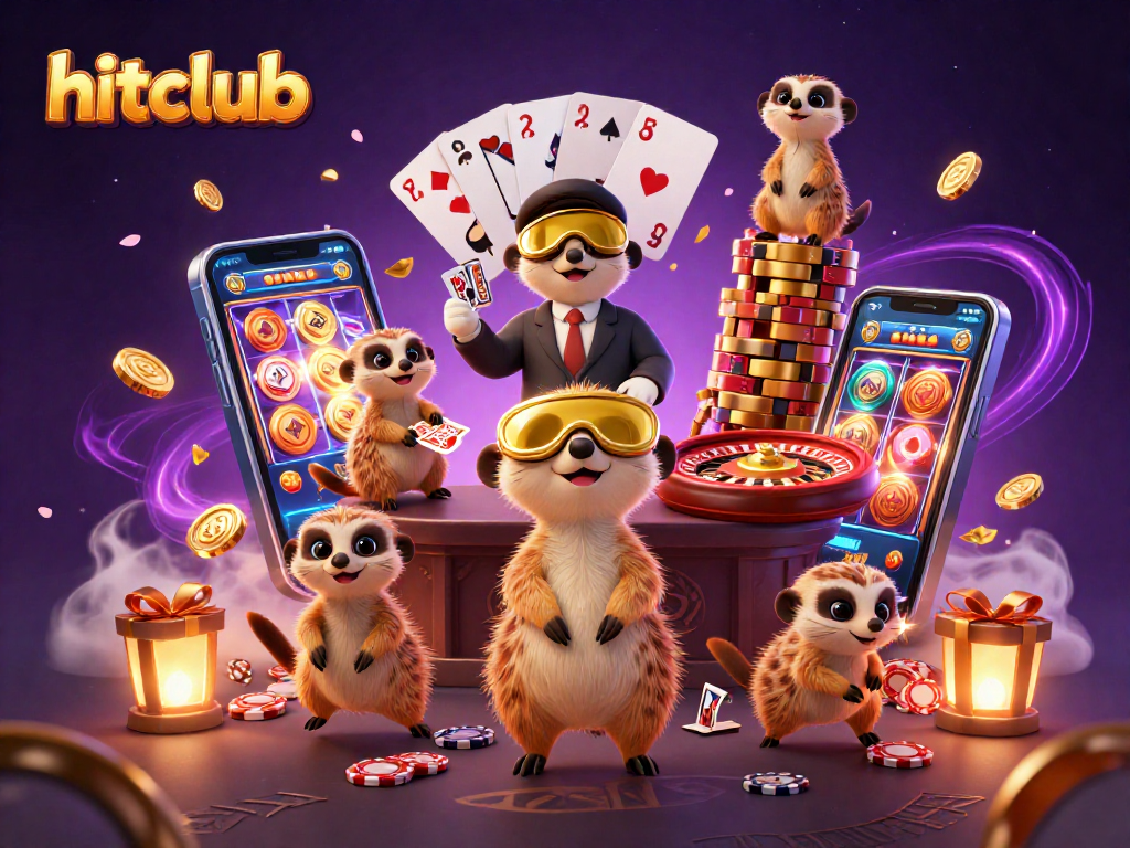 Hitclub meerkats operate an exciting casino, showcasing vibrant games and chips.