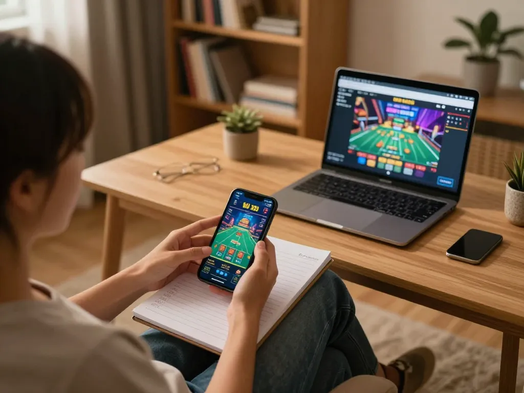 Participant engaging in a tài xỉu md5 game on smartphone with strategic notes at home