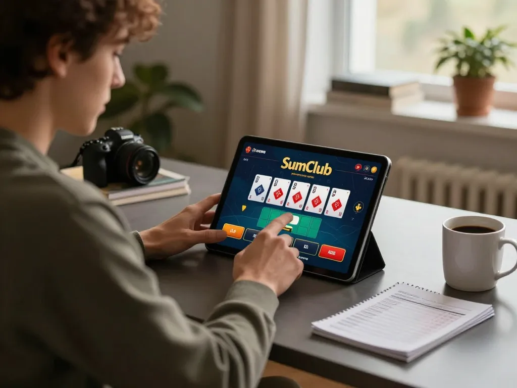 SumClub online gaming scene with player focusing on tablet for strategic betting.