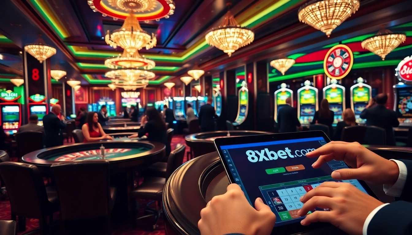 Experience the excitement of gambling at 8xbet.com with vibrant casino tables and engaged players.