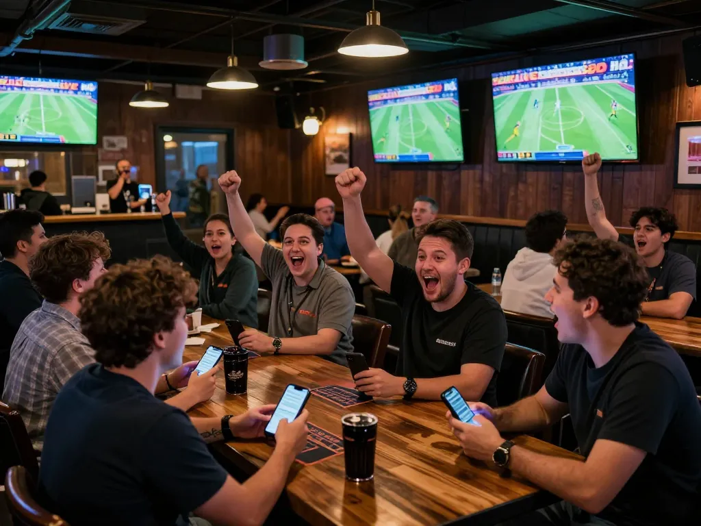 Socolive viewers enjoying live football matches at a vibrant sports bar, capturing the excitement of sports betting.