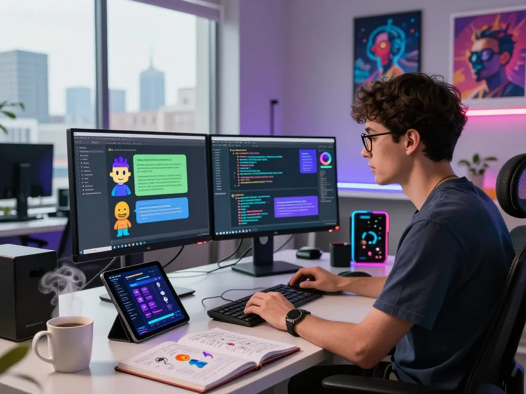 Engaging developer coding in a vibrant workspace, showcasing spicy AI chatbot innovations.