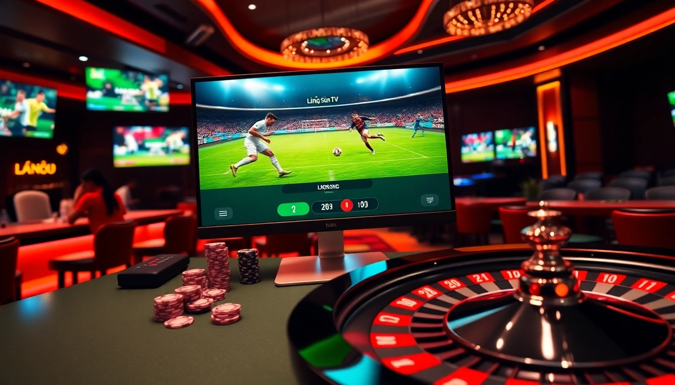 Engage with Lương Sơn TV's exciting online gambling experience through vibrant football matches and a luxurious casino setting.