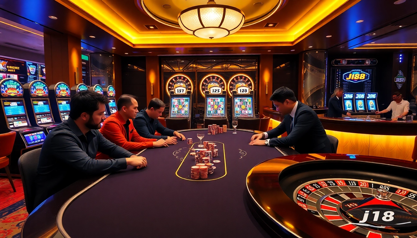 J88 players engaged in a thrilling poker game with vibrant casino elements in the background.