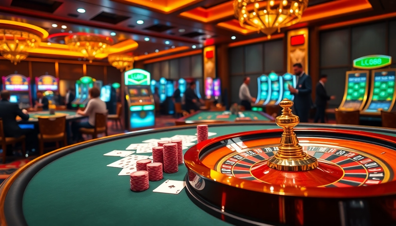 Experience thrilling gaming at LC88's glamorous casino tables featuring poker chips and more.
