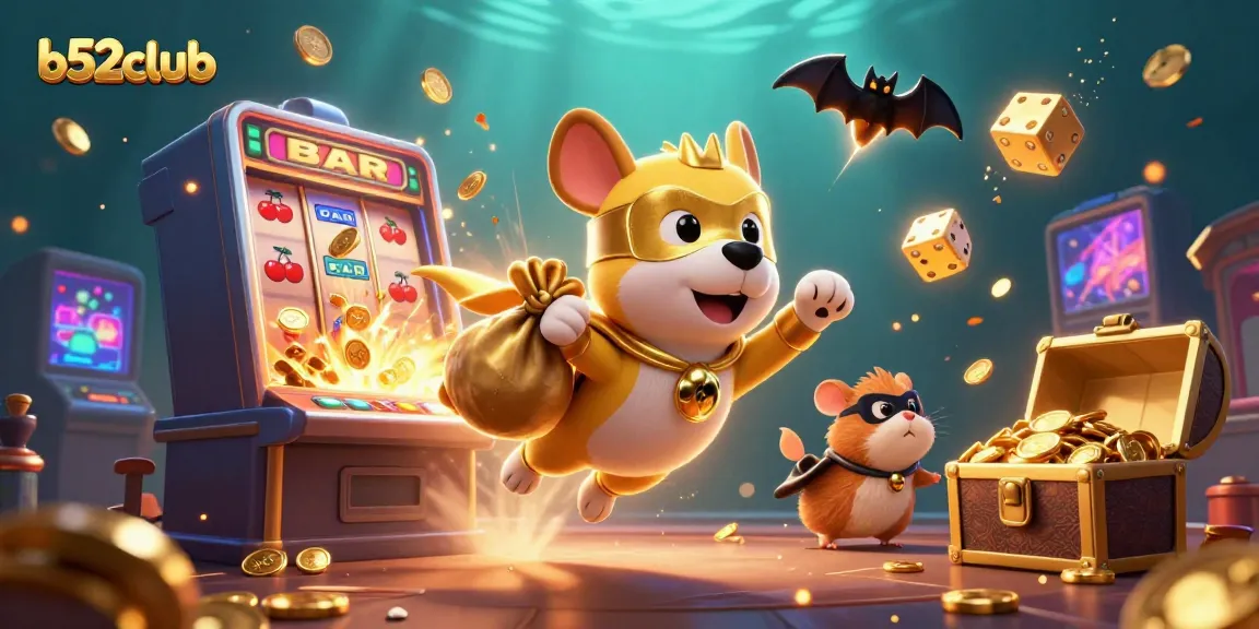 Experience thrilling gameplay at b52club with a superhero dog and hamster character in an action-packed casino scene.