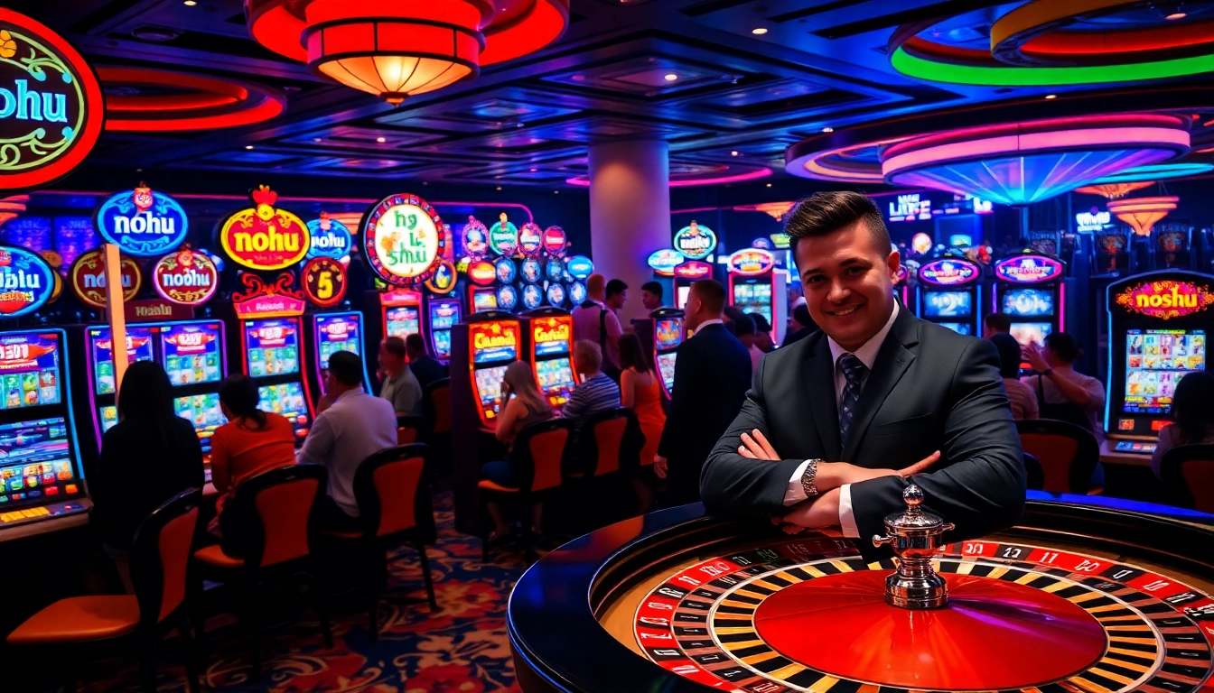 Nohu slot machines entice players with vibrant jackpots in a luxurious casino atmosphere.