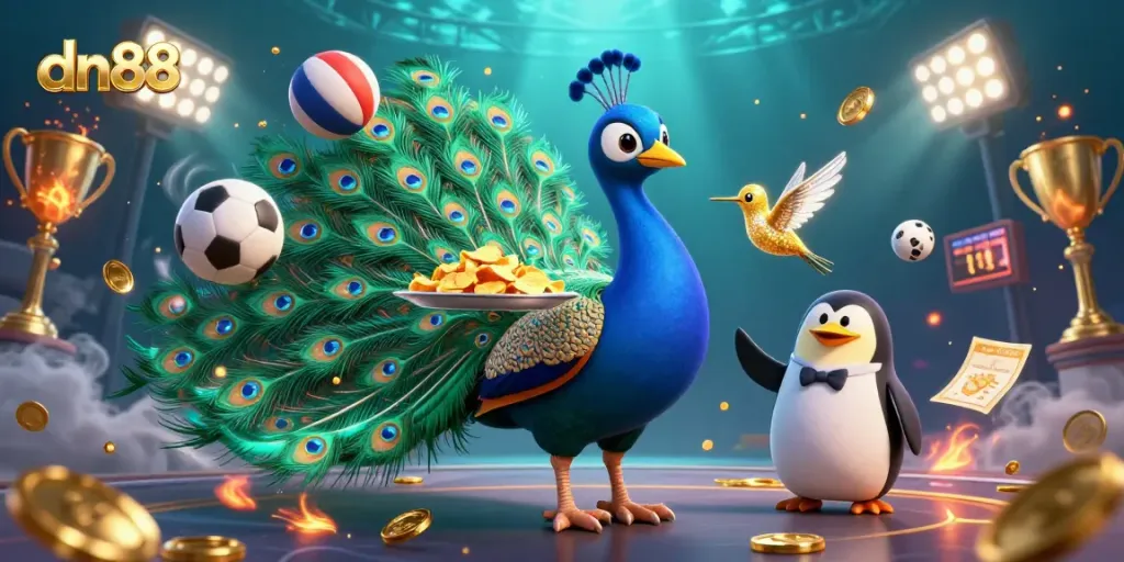 Bet on dn88 with dynamic sports elements and whimsical characters in a lively casino scene.
