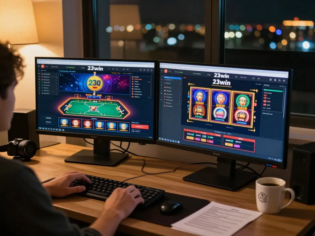Engaged gamer using 23win's online casino platform at home, showcasing strategic gaming setup.