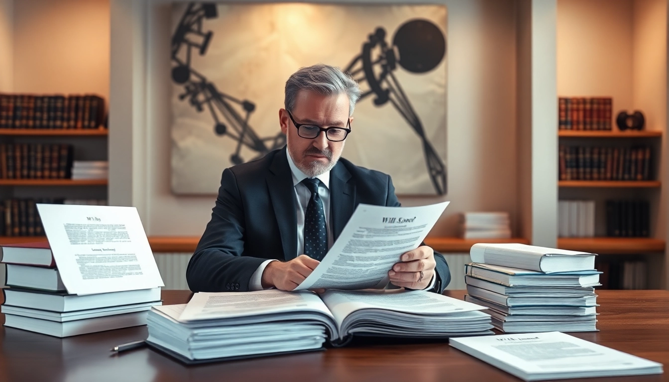 Reviewing Wills with a legal advisor in a sophisticated office setting.