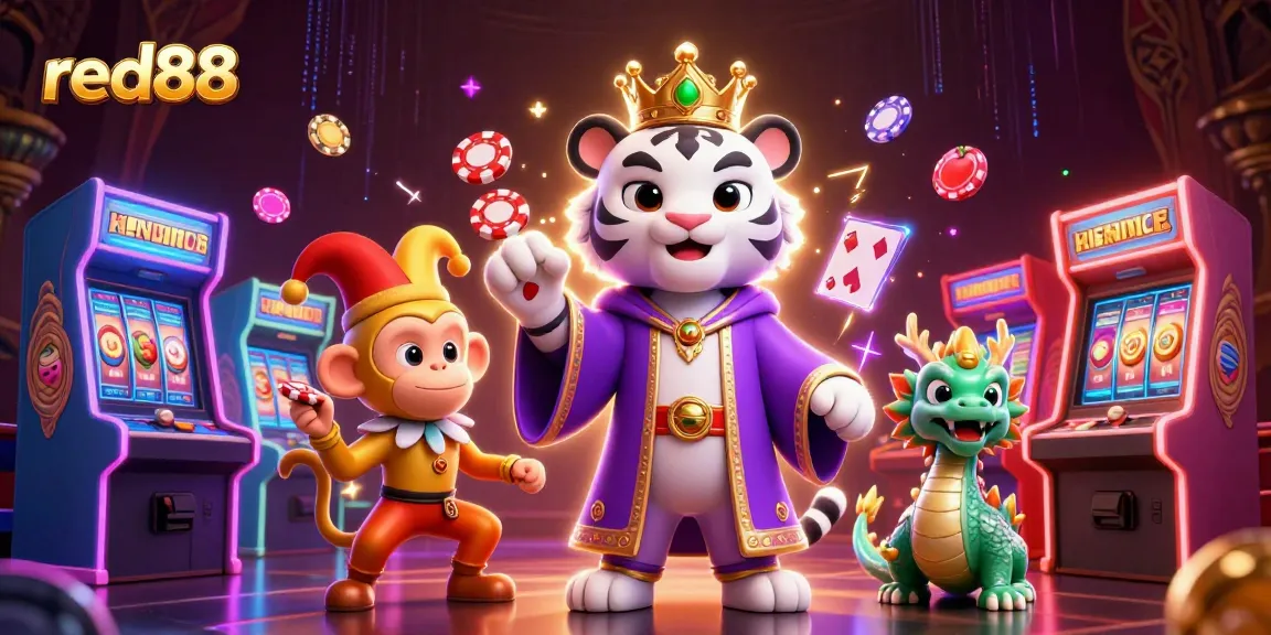 Experience thrilling slots at red88 with a majestic white tiger and golden monkey in a lively scene.