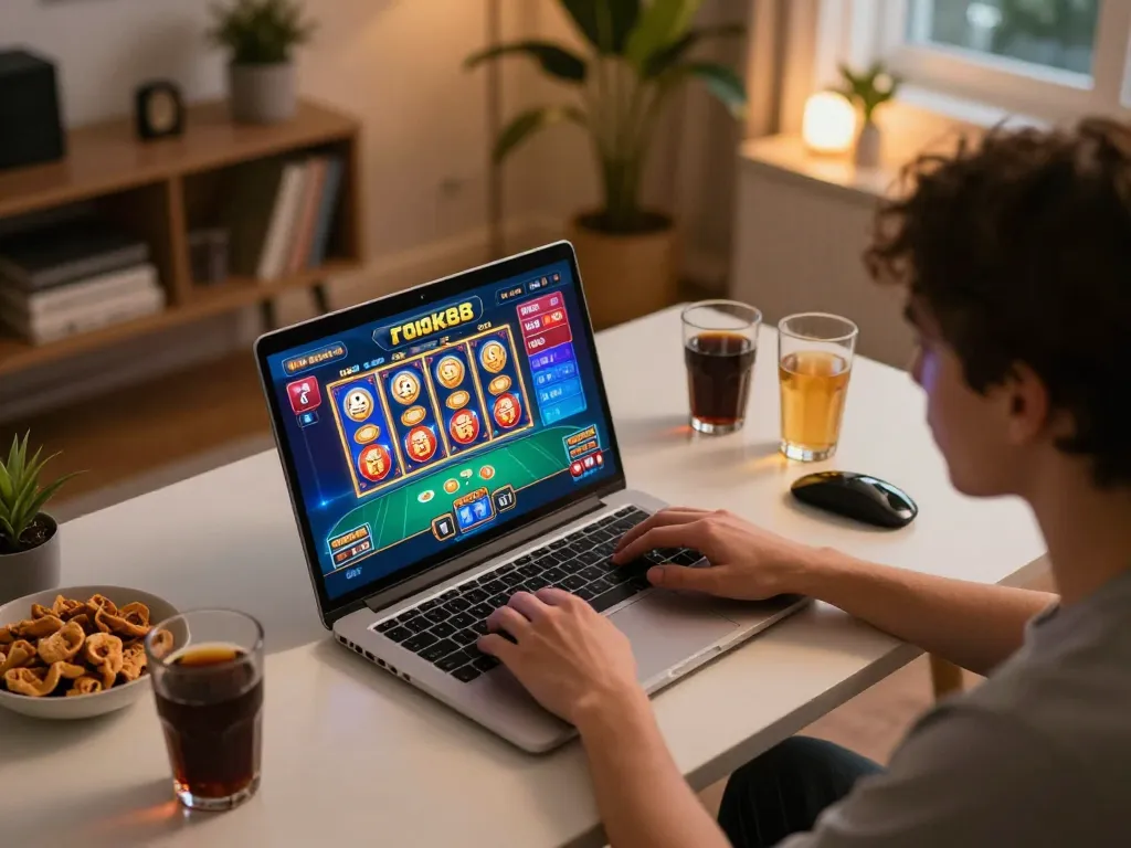 rokok88 casino gaming scene with a focused player on laptop displaying vibrant slot graphics
