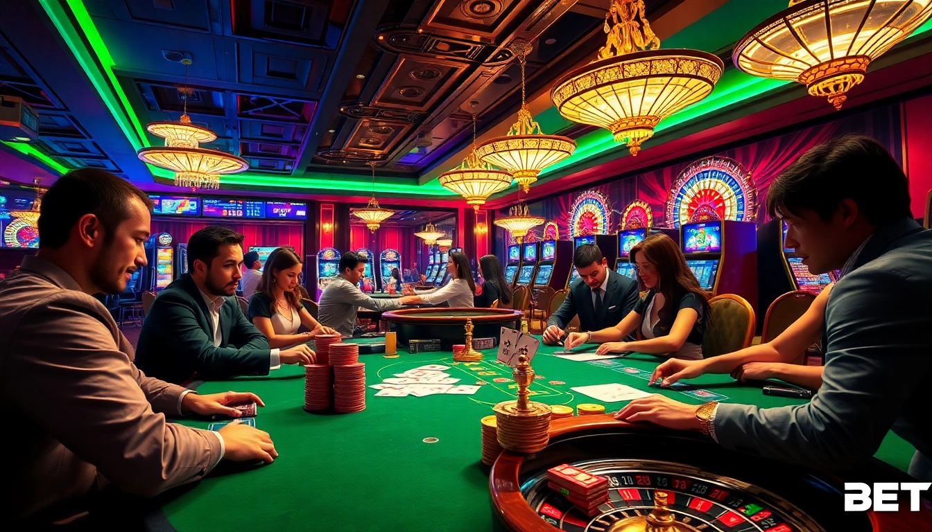 Players engaged in high-stakes card games at https://debet.br.com/ casino tables under vibrant lighting.
