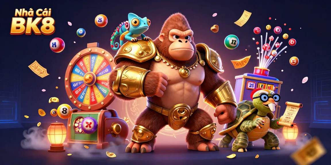 Experience thrilling action at Nhà Cái BK8 with colorful lottery elements surrounding powerful characters.