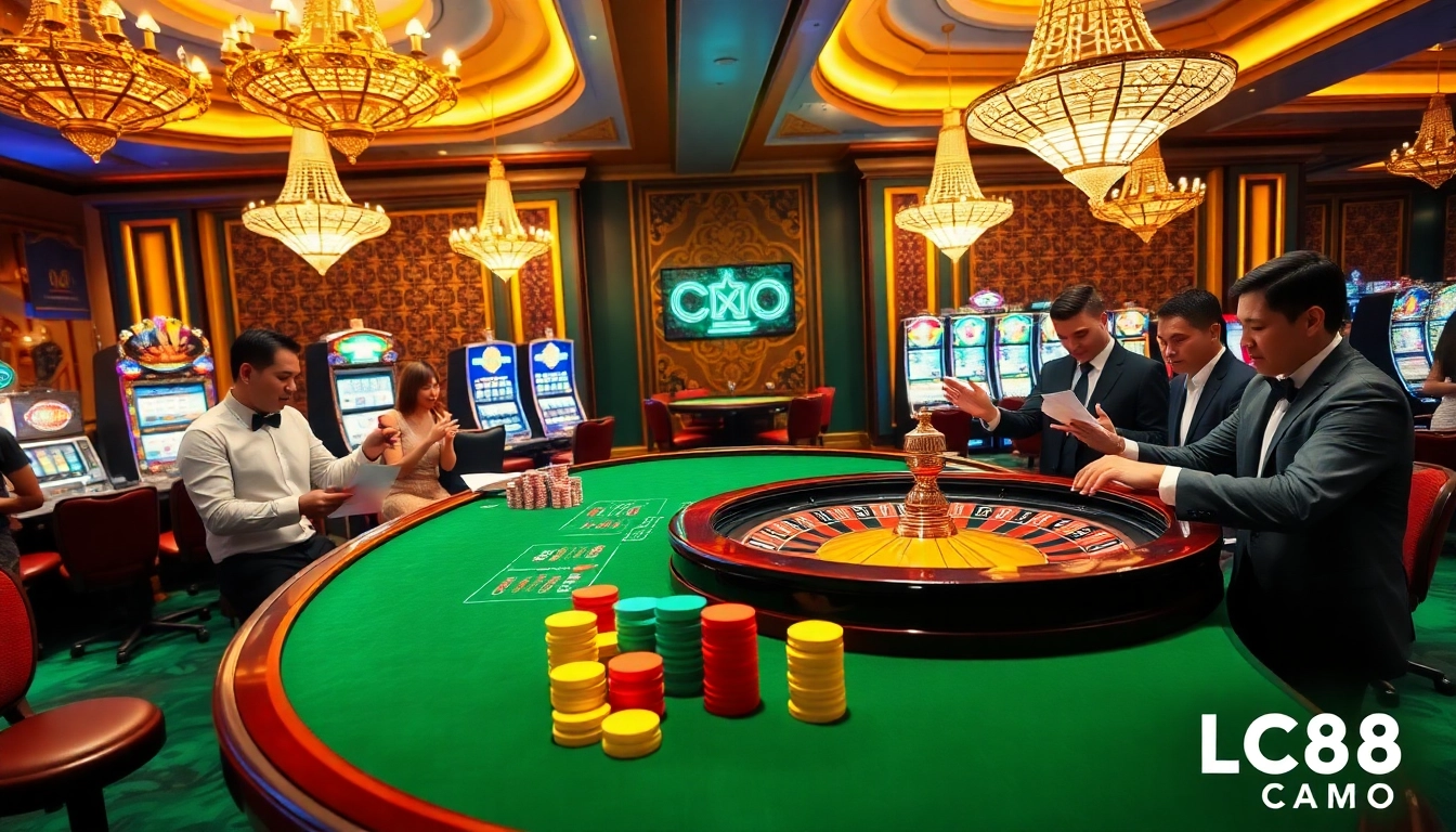 Engaged players at a lavish casino table, experiencing excitement at LC88 COM.