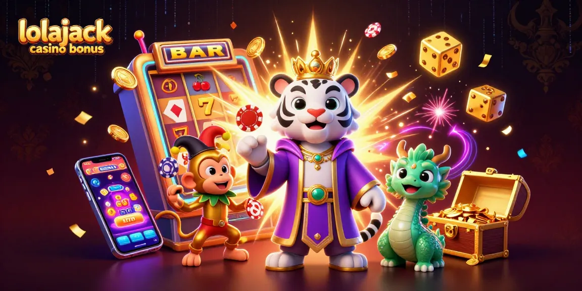 Engage with the exciting lolajack casino bonus showcased in a vibrant 3D scene filled with energetic casino elements.