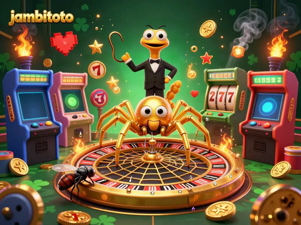 Experience the thrilling world of jambitoto with a fun roulette-inspired scene featuring a golden spider and whimsical characters.