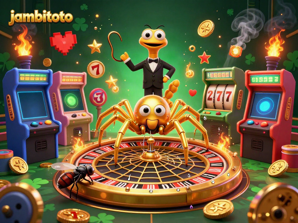 Experience the thrilling world of jambitoto with a fun roulette-inspired scene featuring a golden spider and whimsical characters.
