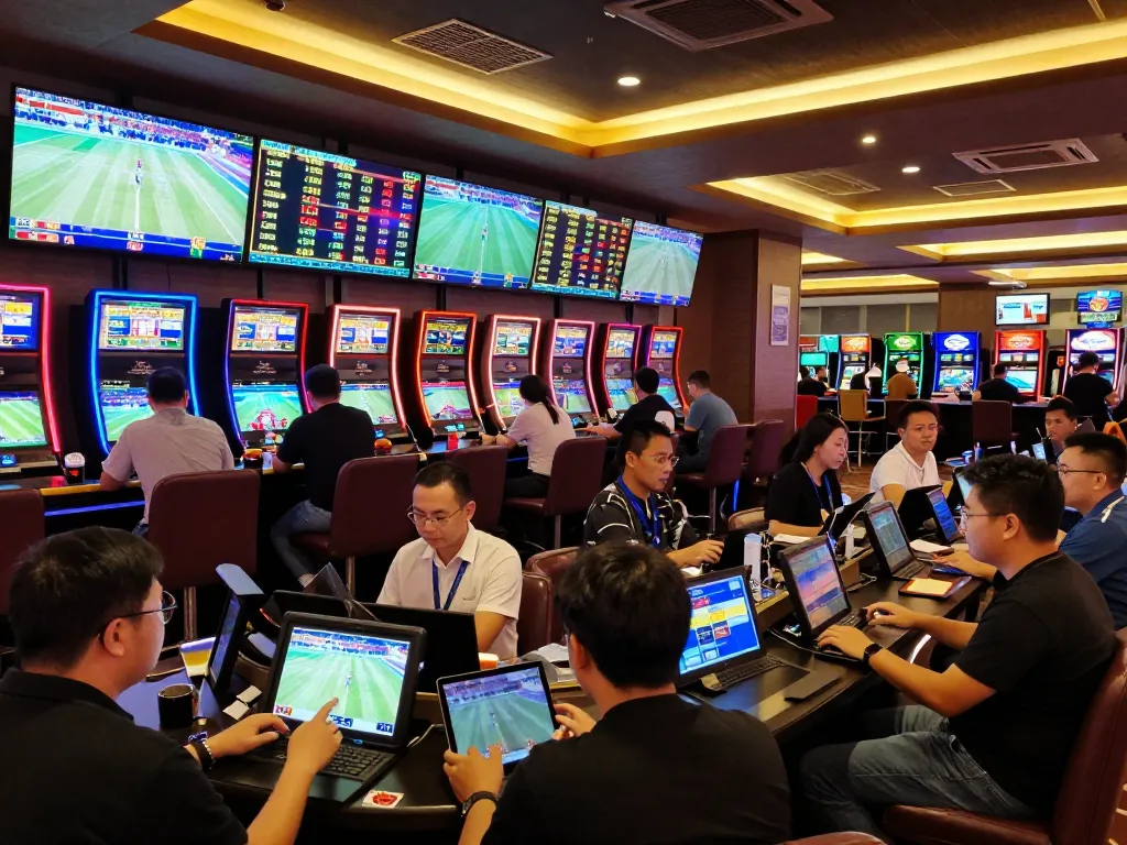 Sports betting lounge showing kèo nhà cái betting options on screens with engaged patrons.