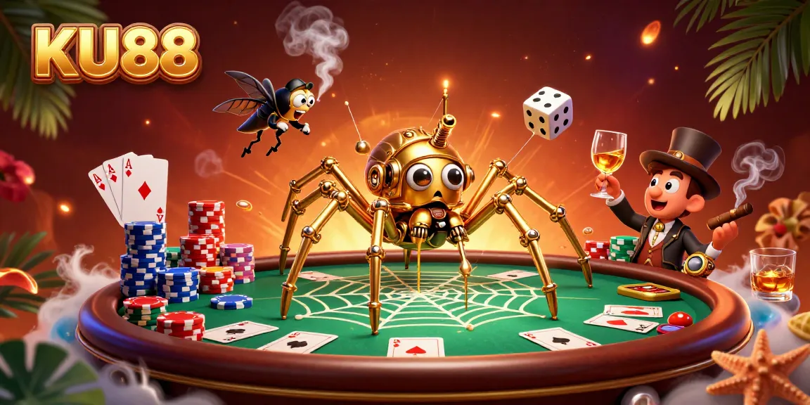 KU88 reveals a thrilling steampunk casino scene with a golden spider and poker elements.