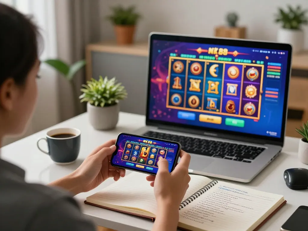 Engaging user playing nk 88 casino games on smartphone in modern home setup