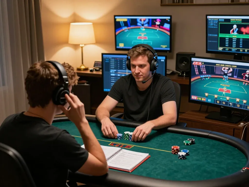 Player engaging with ALO8 online poker game on multiple screens, showcasing strategic gameplay.