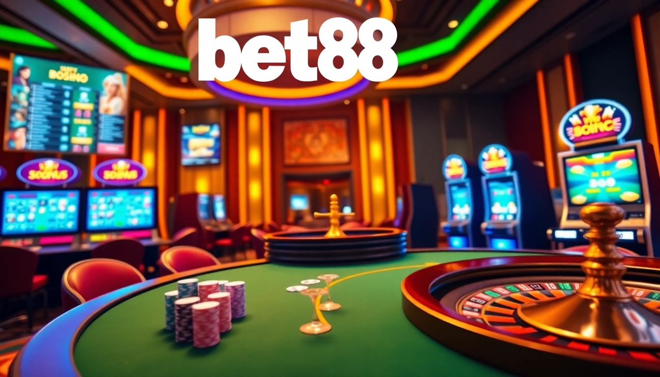 Bet88 online casino showcasing vibrant poker action and roulette excitement.
