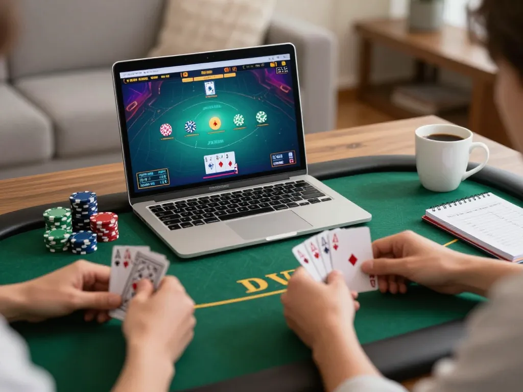 good88 players engaged in online poker gameplay with cards and strategy notes in a cozy home setting