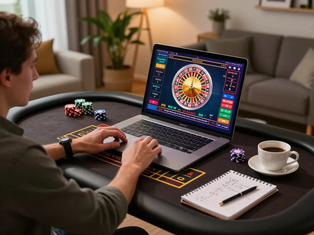 Engaging in a live dealer roulette game on vu88 from a stylish home setup, highlighting strategy and comfort.