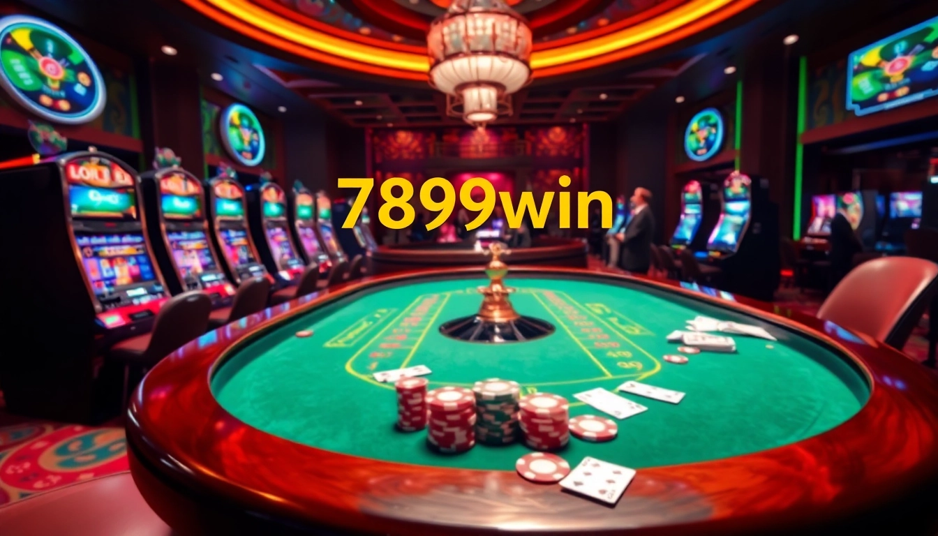 Engaging casino scene highlighting 789win with roulette, poker chips, and vibrant slot machines.