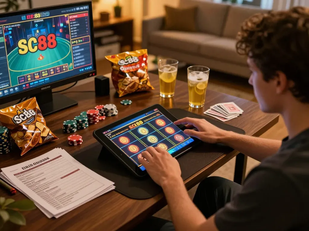 Engaging action of a player enjoying SC88 slots on a tablet in a cozy home environment.