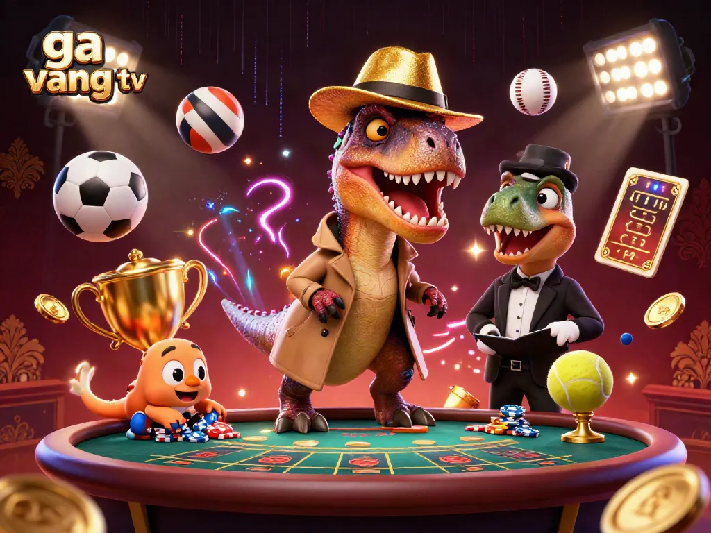 Engage with ga vang tv's thrilling blackjack scene featuring a velociraptor card counter amidst dynamic sports elements.