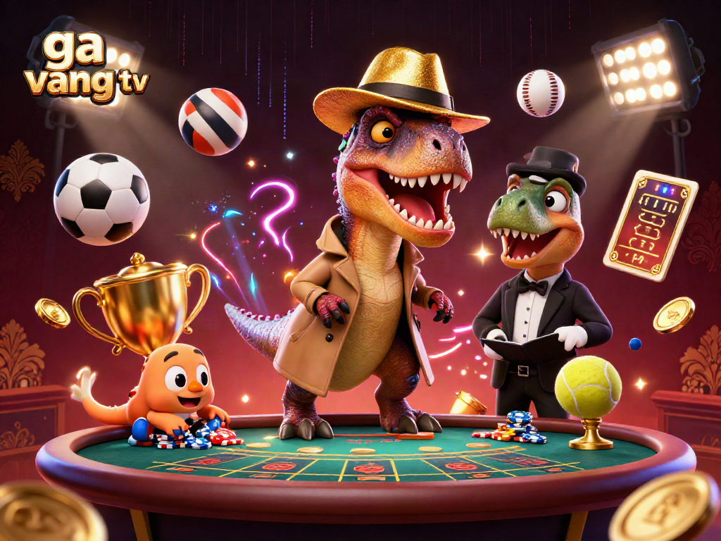 Engage with ga vang tv's thrilling blackjack scene featuring a velociraptor card counter amidst dynamic sports elements.