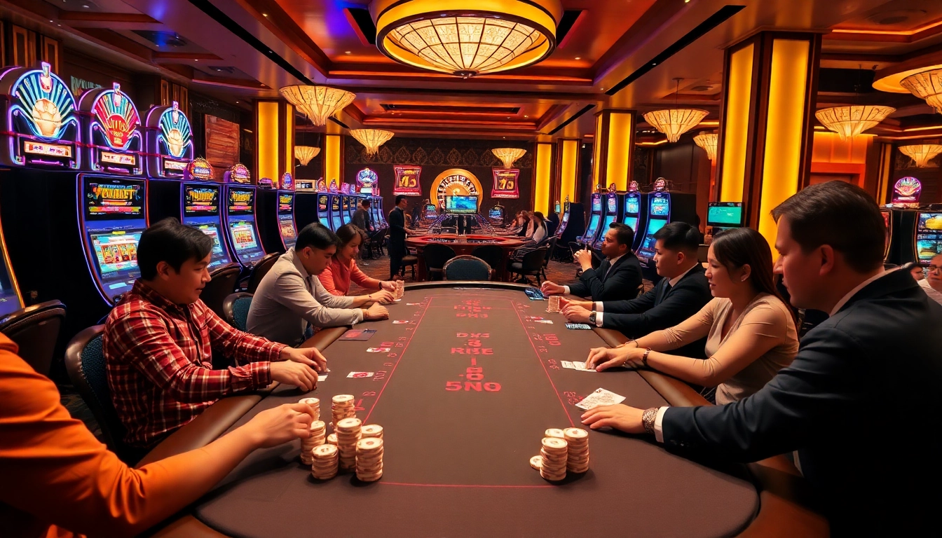 Excited players enjoying card games at the QQ88 COM casino table in a luxurious setting.