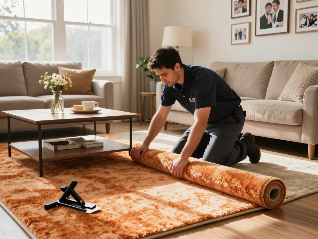 Experienced carpet fitters near me installing plush carpet in a cozy living room setting.