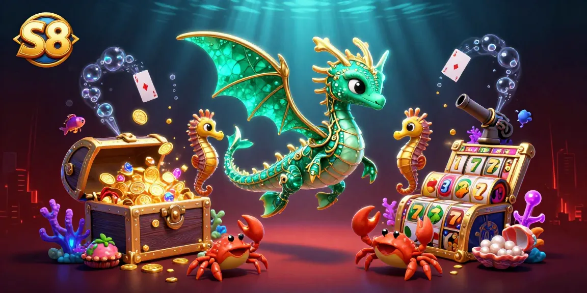 Experience the excitement of S8 with a vibrant 3D illustration showcasing slot elements and a dragon guardian.