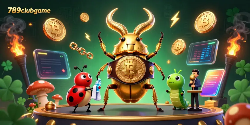 Engage in thrilling gameplay with 789clubgame, showcasing a dramatic casino showdown featuring vibrant characters and crypto elements.