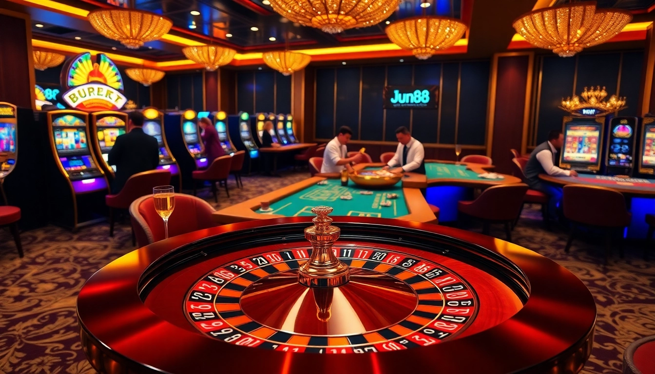 Players enjoying casino games at Jun88, featuring roulette and poker tables vibrant with excitement.