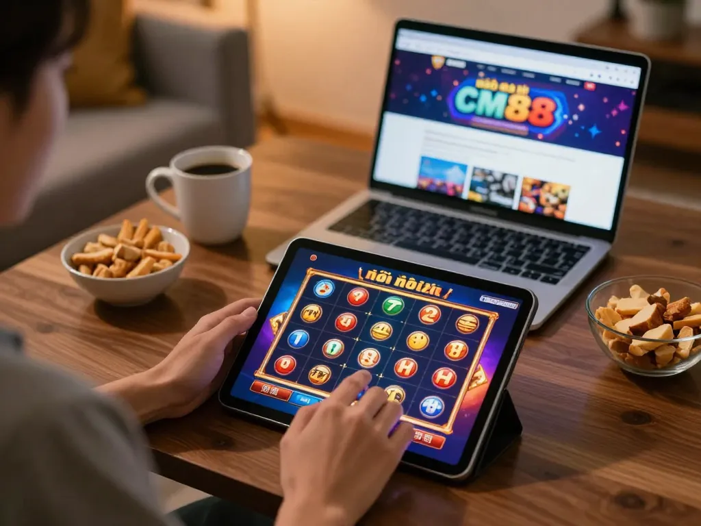 Engaging user playing on nhà cái cm88 online slot game, lively graphics enhancing the gaming experience