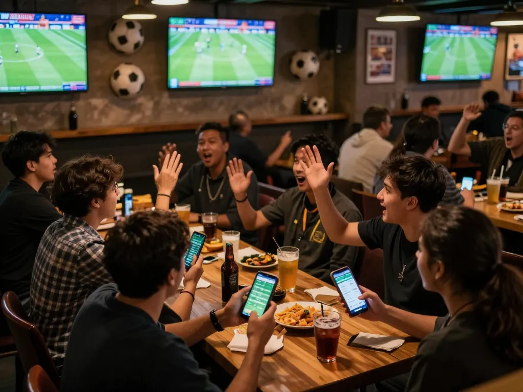 Kết quả bóng đá being celebrated in a lively sports bar with fans cheering for live matches