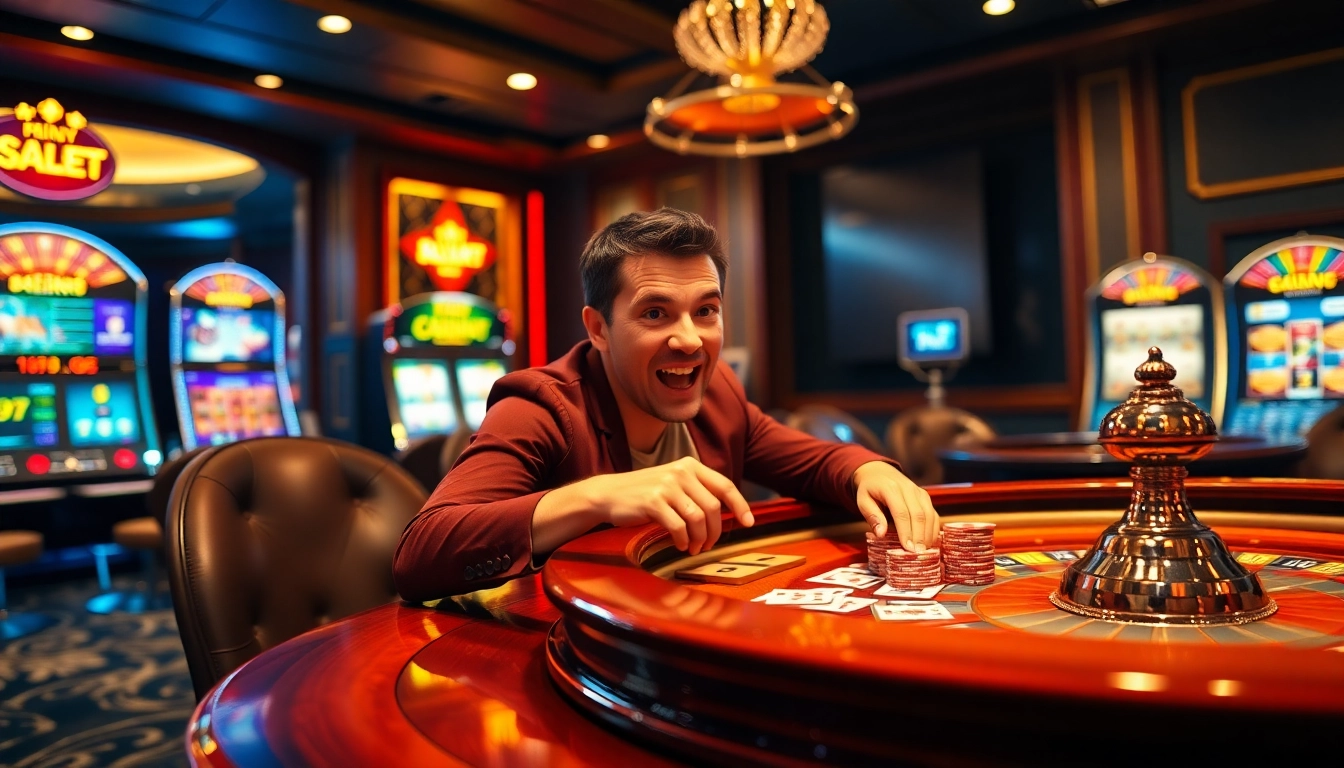 Capture the excitement of a high-stakes game at https://sclub88.app/ featuring vibrant tables, poker chips, and luxurious casino elements.