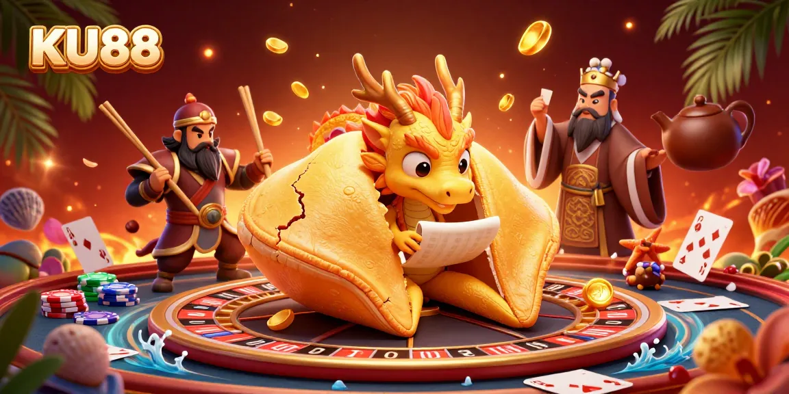 Experience the thrill of KU88 with a vibrant casino scene featuring a golden fortune cookie and wise dragon.