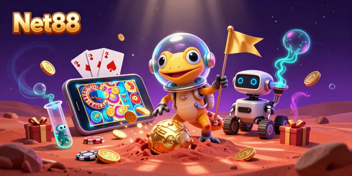 Engage with Net88 as a Martian gecko uncovers a golden casino amidst vibrant 3D gaming excitement.