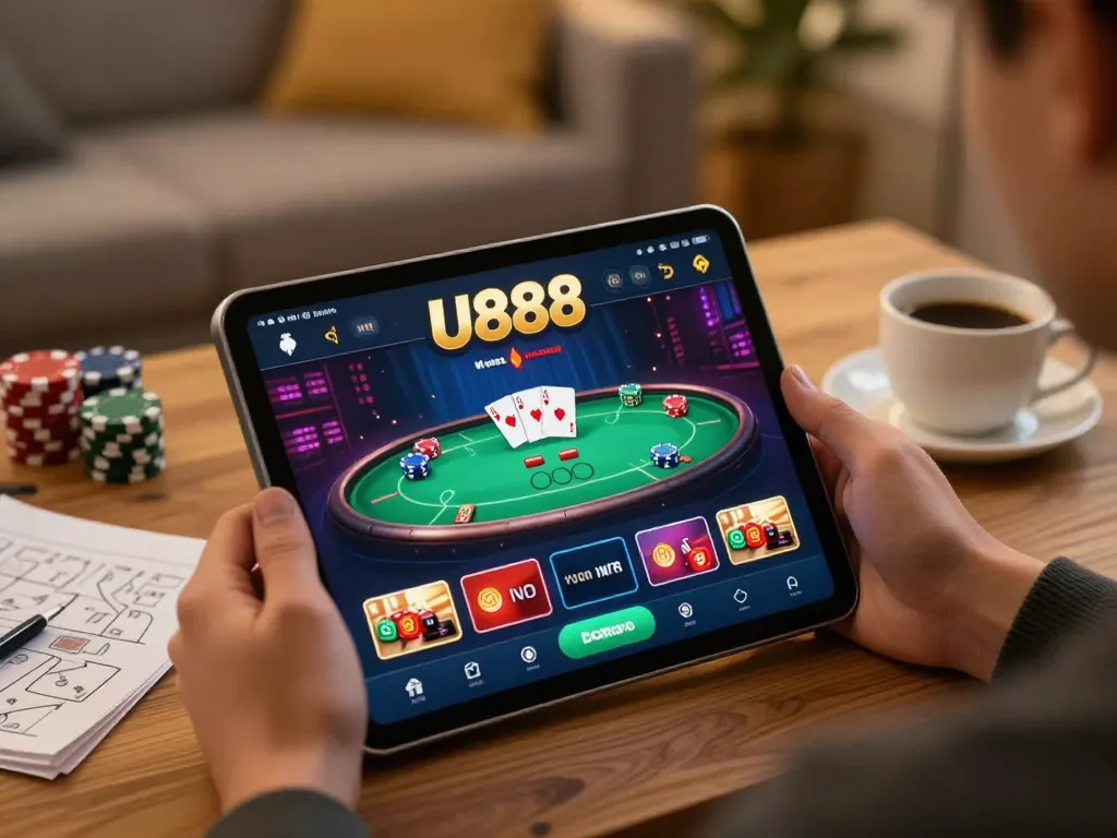 A player engages with the U888 casino app on a tablet, showcasing exciting online gaming.