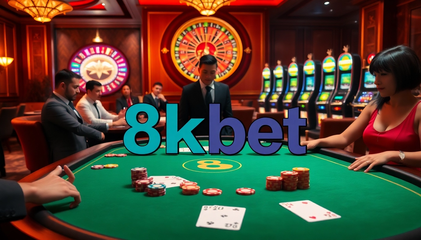 Engaging scene at 8kbet casino showcasing players enjoying poker with vibrant chips.