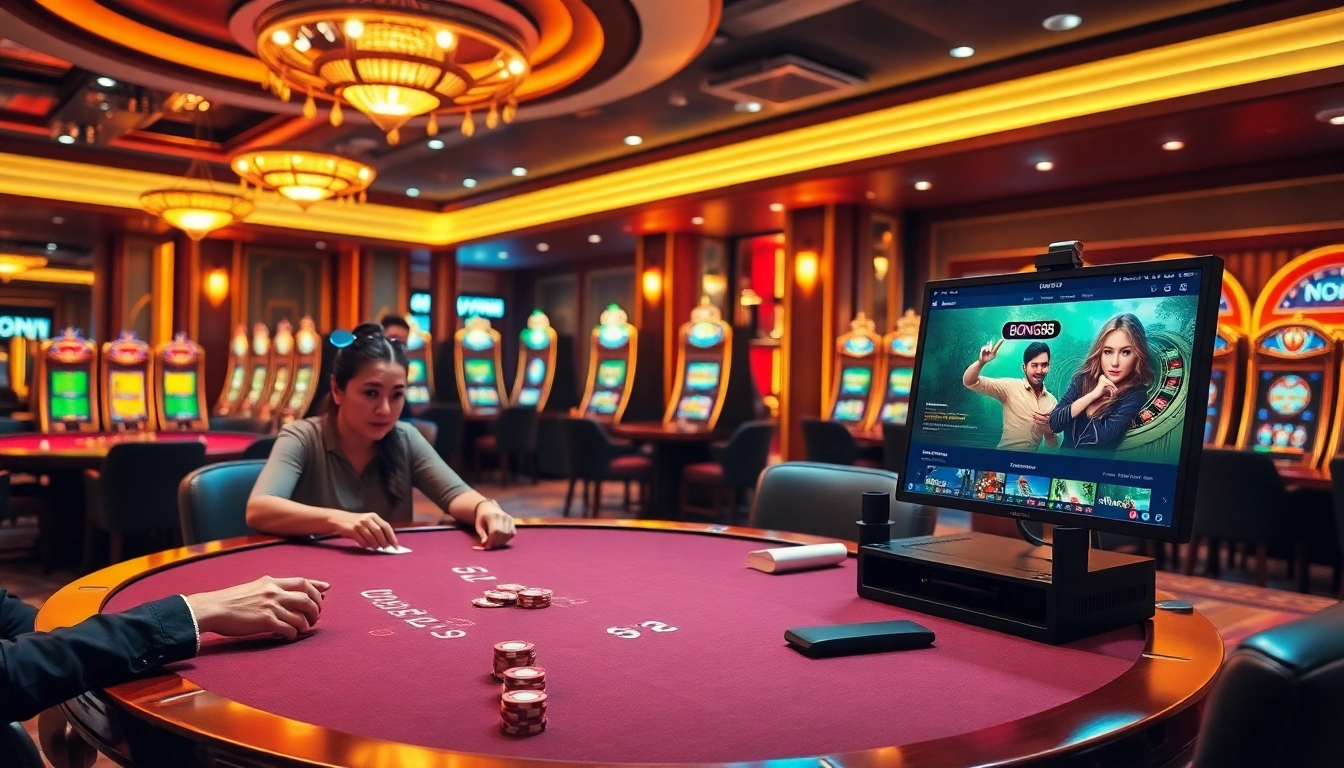 Players enjoying a high-stakes game at bong88 casino with vibrant slot machines and a roulette wheel.