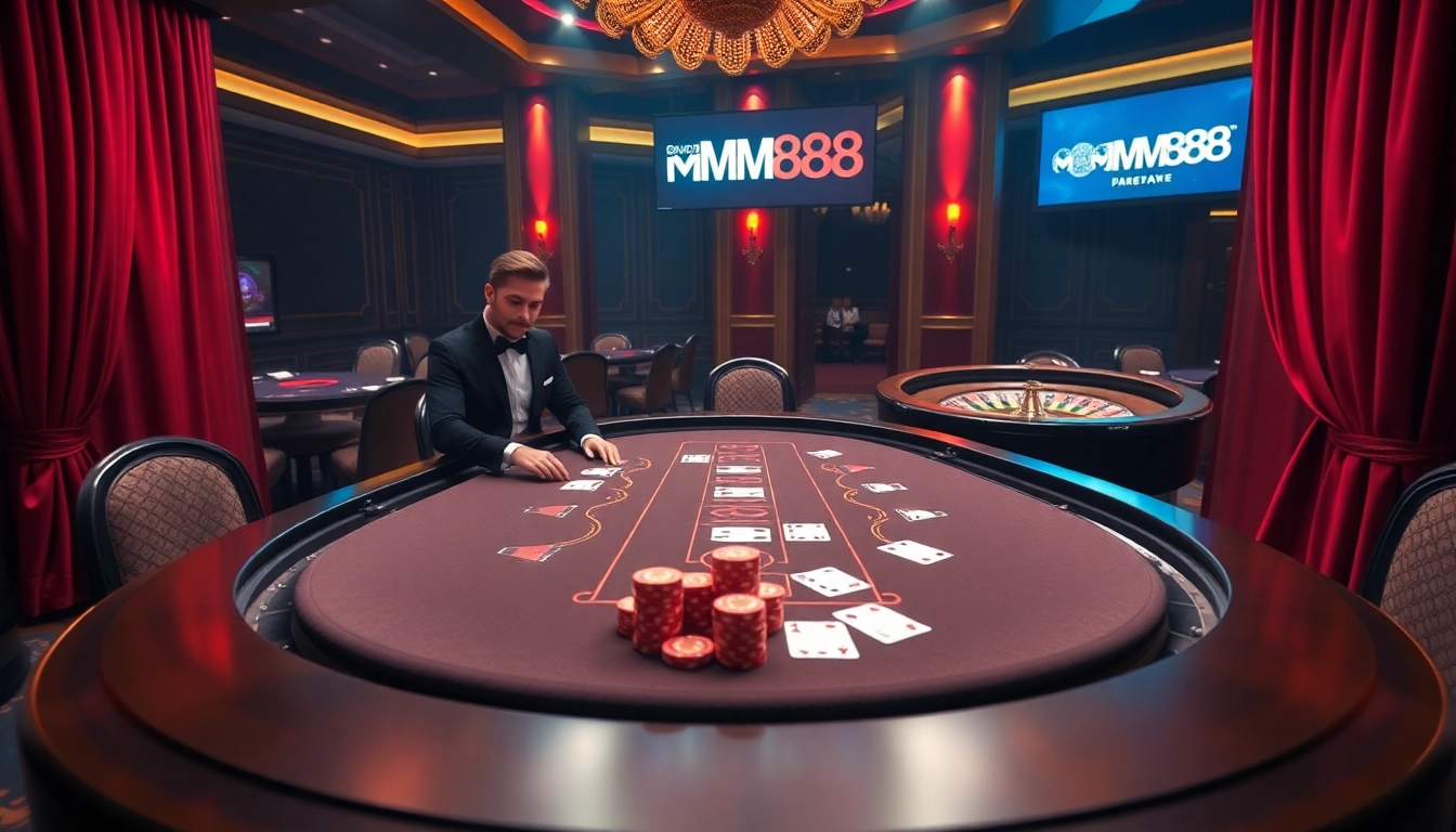 Players engaging at an MM88 table with vibrant casino chips and a live dealer, immersing in high-stakes excitement.