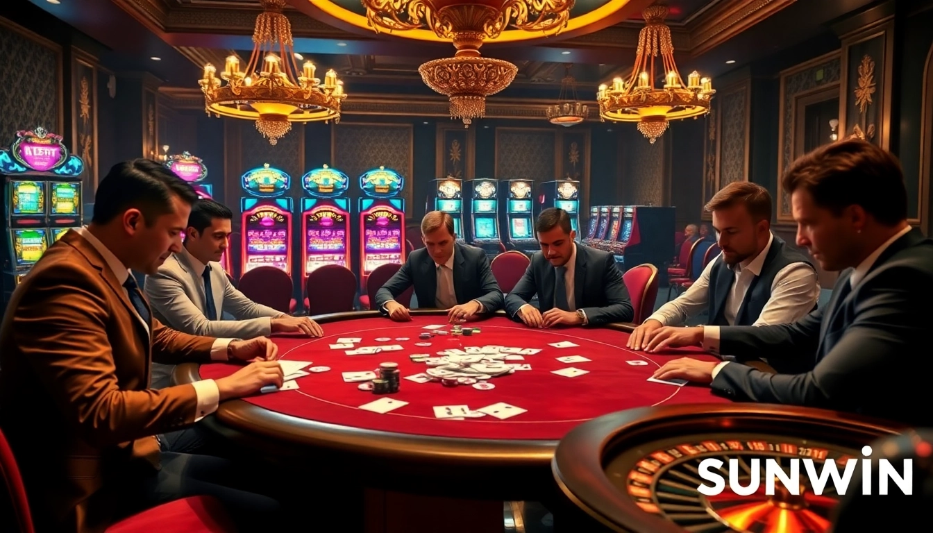 SUNWIN casino poker scene showcasing players engaged in strategic gameplay at a luxurious table.