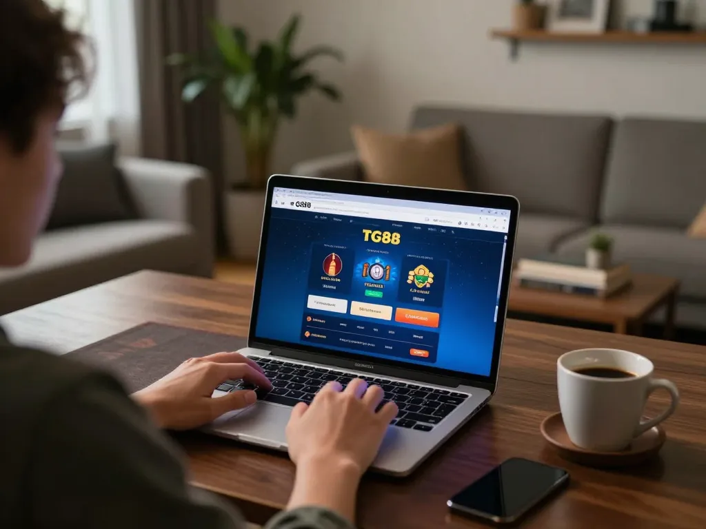 TG88 online gaming setup with a player engaging on a laptop, creating a cozy and strategic gambling atmosphere.